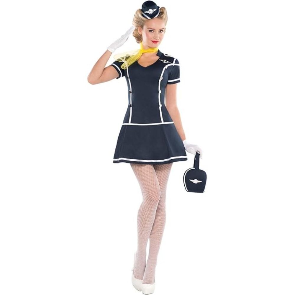 Womens Frequent Flyer Costume 3 Pcs Size S 2-4 Adult with Hat, Scarf & Bag
